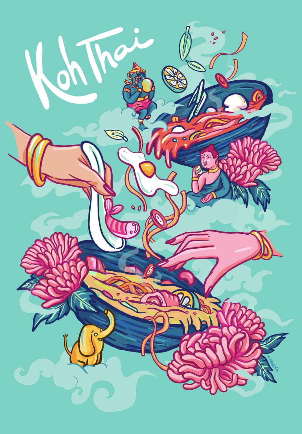 thai food cartoon advertising illustration by marta zubieta for deliveroo